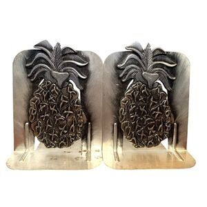 Vintage 1980 Metzke Pewter Pineapple Bookends Silver Tone Metal Decor USA Made